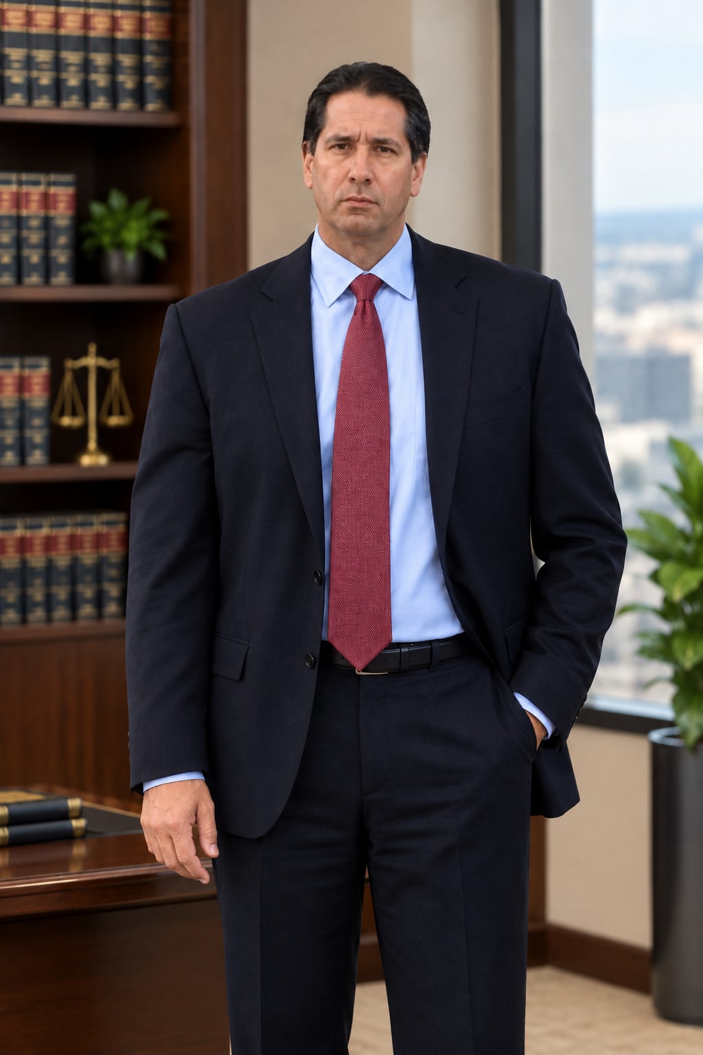 Attorney Ernest Lutz in a dark suit and red tie, standing in his law office